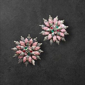 Vintage Floral Rhinestone Brooches Pin Pink & Green Set of 2